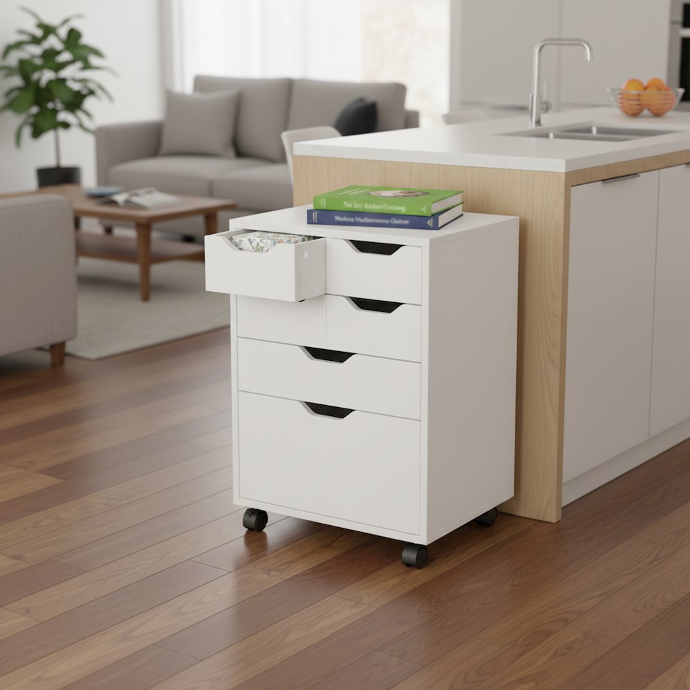 Norfolk 4 Bins, 2 Drawer Mobile Cabinet, White Finish. Picture 17