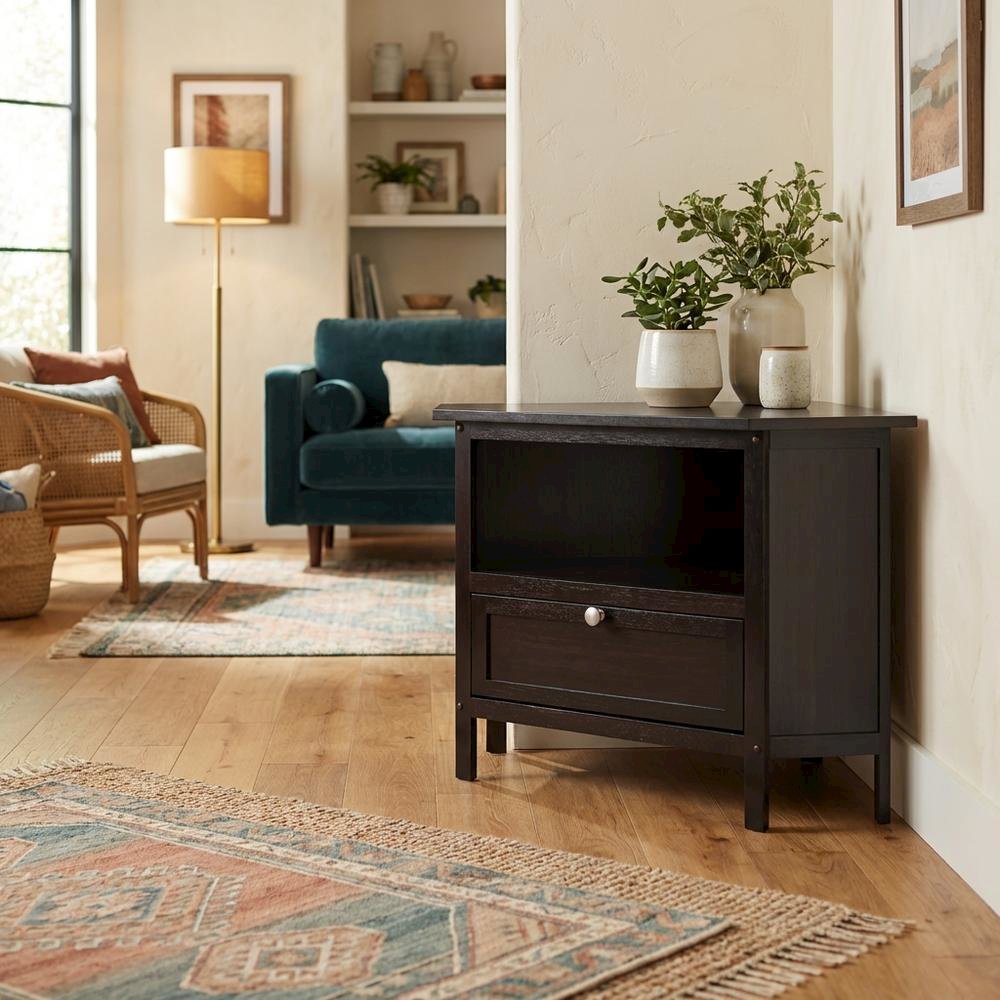 Solid Wood Corner TV Stand With Storage Flip Down Door And Open Shelf. Picture 3