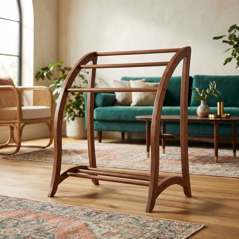 Solid Wood Blanket Rack Stand, Living Room Blanket Holder In Walnut Finish. Picture 3