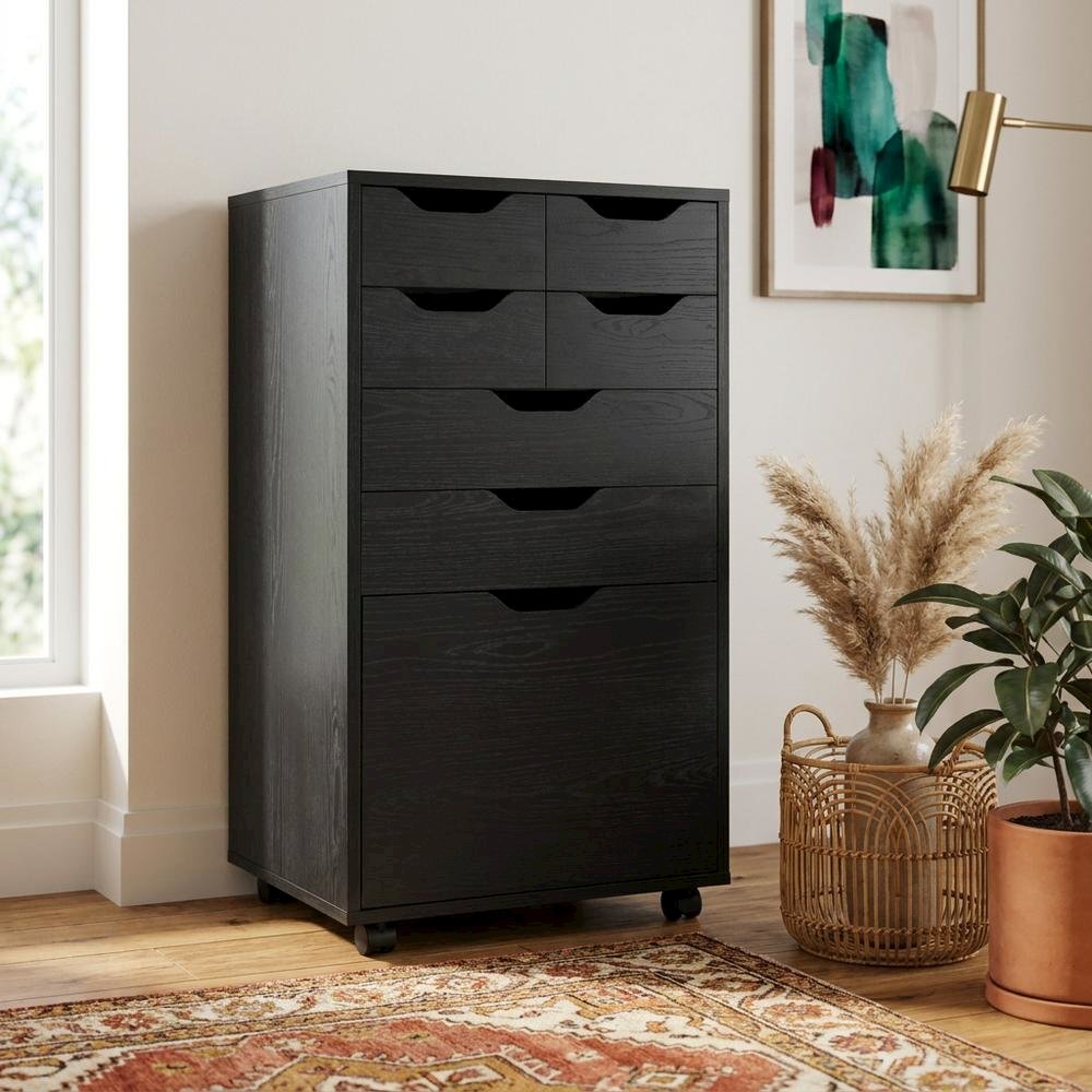 Black Tall Mobile Storage Cabinet, Bins Drawers Rolling Organizer. Picture 2