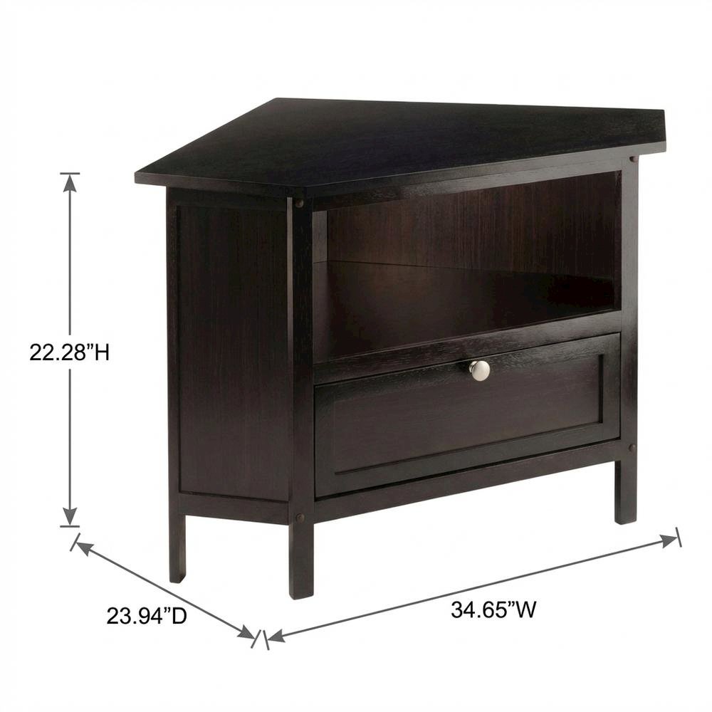 Solid Wood Corner TV Stand With Storage Flip Down Door And Open Shelf. Picture 7