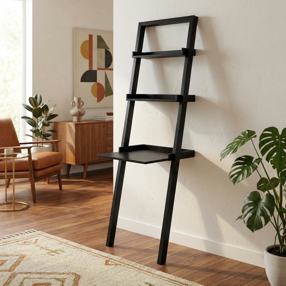 Black Leaning Desk, Ladder Design, Computer Table, Two Storage Shelves. Picture 2