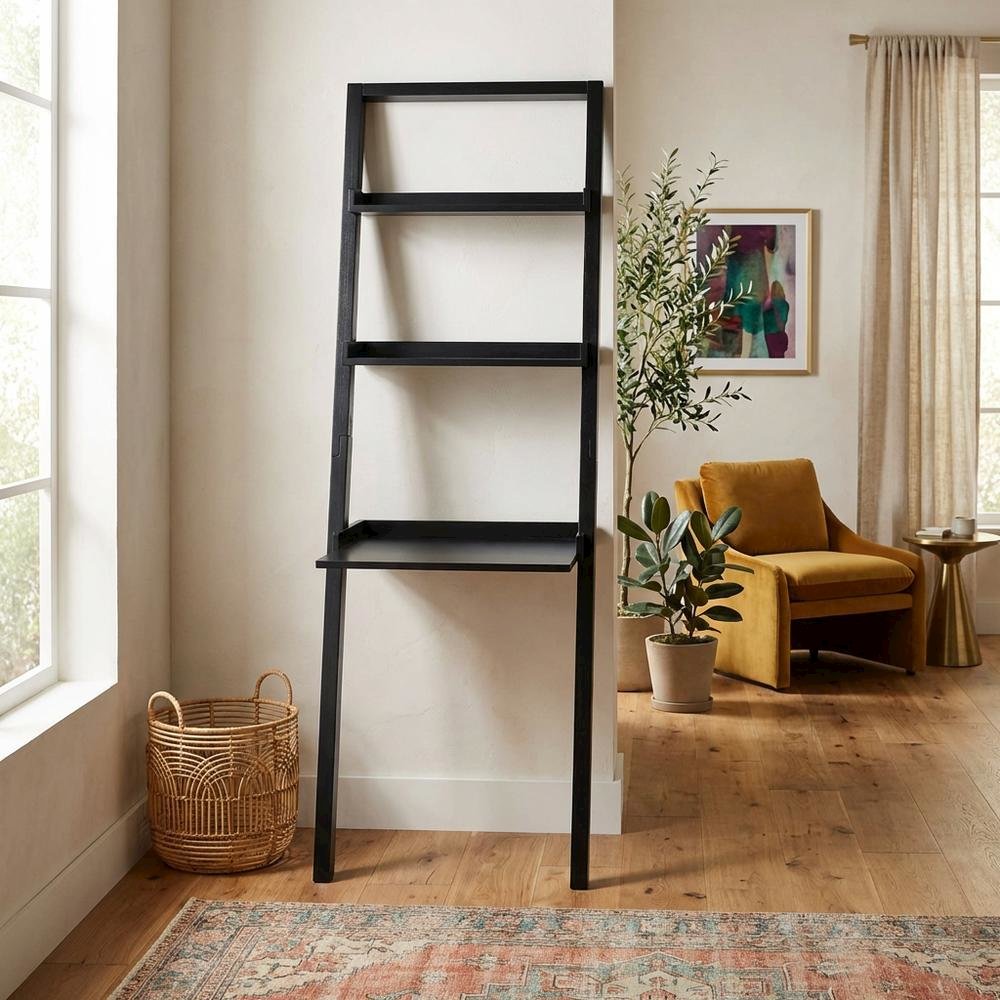 Black Leaning Desk, Ladder Design, Computer Table, Two Storage Shelves. Picture 3