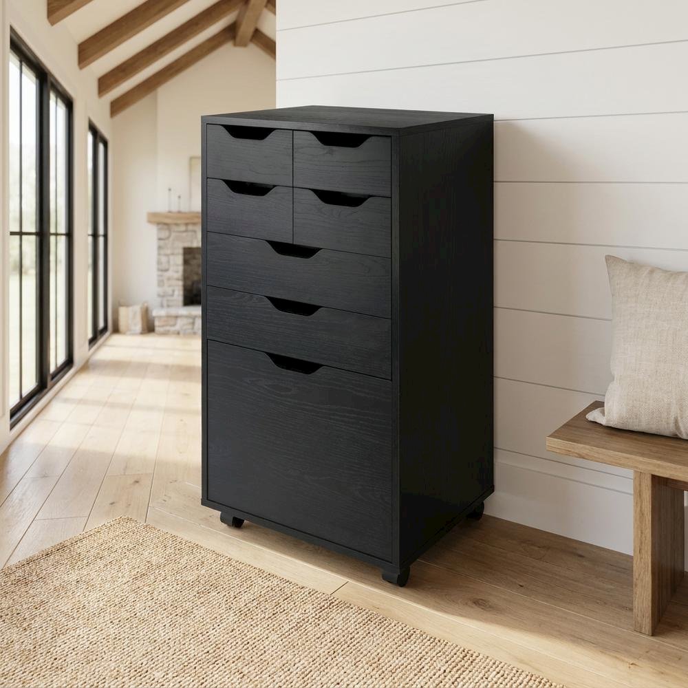 Black Tall Mobile Storage Cabinet, Bins Drawers Rolling Organizer. Picture 3