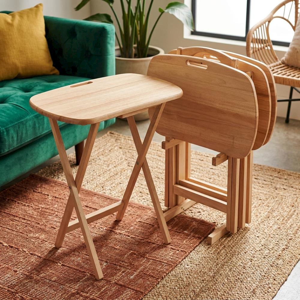 Natural Wood Finish 5-Piece Snack Table Set for Living Spaces. Picture 4