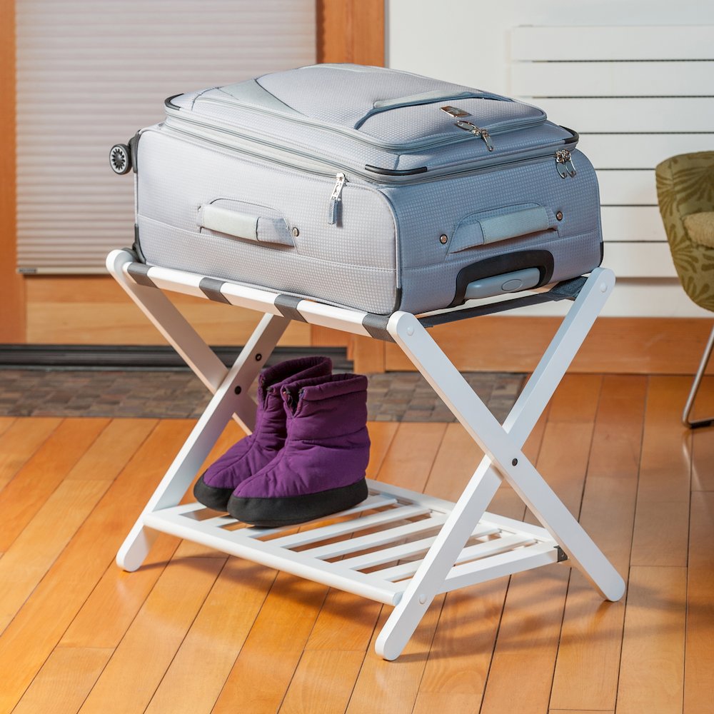 Reese Luggage Rack with Shelf, White. Picture 15