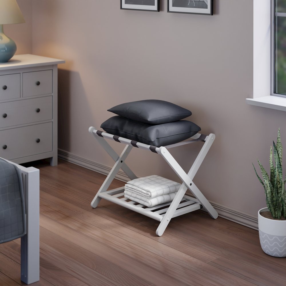 Reese Luggage Rack with Shelf, White. Picture 13