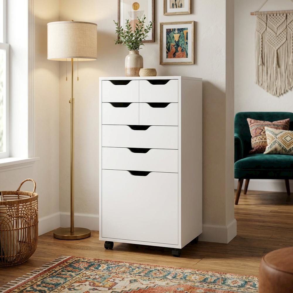 White Tall Mobile Storage Cabinet, Multi-Storage Rolling Pantry. Picture 2