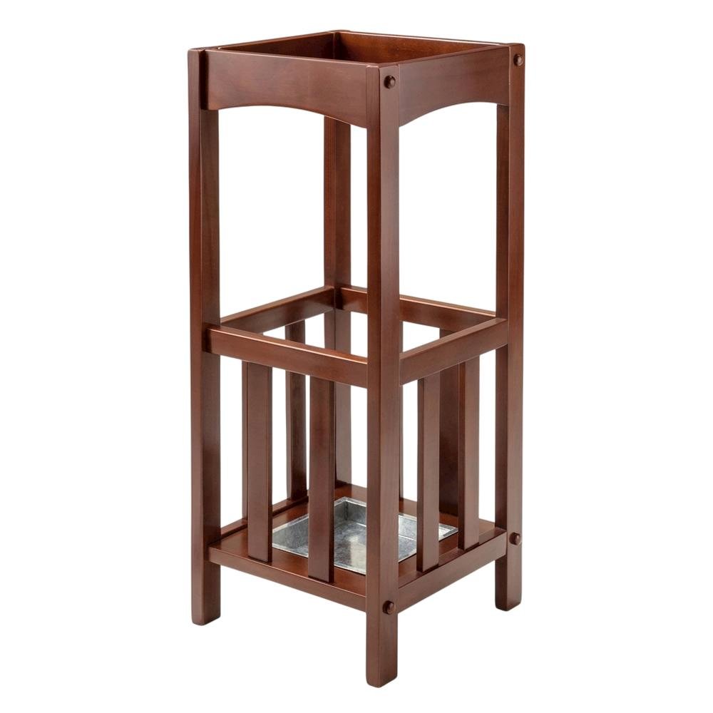 Umbrella Stand with Metal Tray, Solid Wood Accent, Walnut Finish. Picture 1