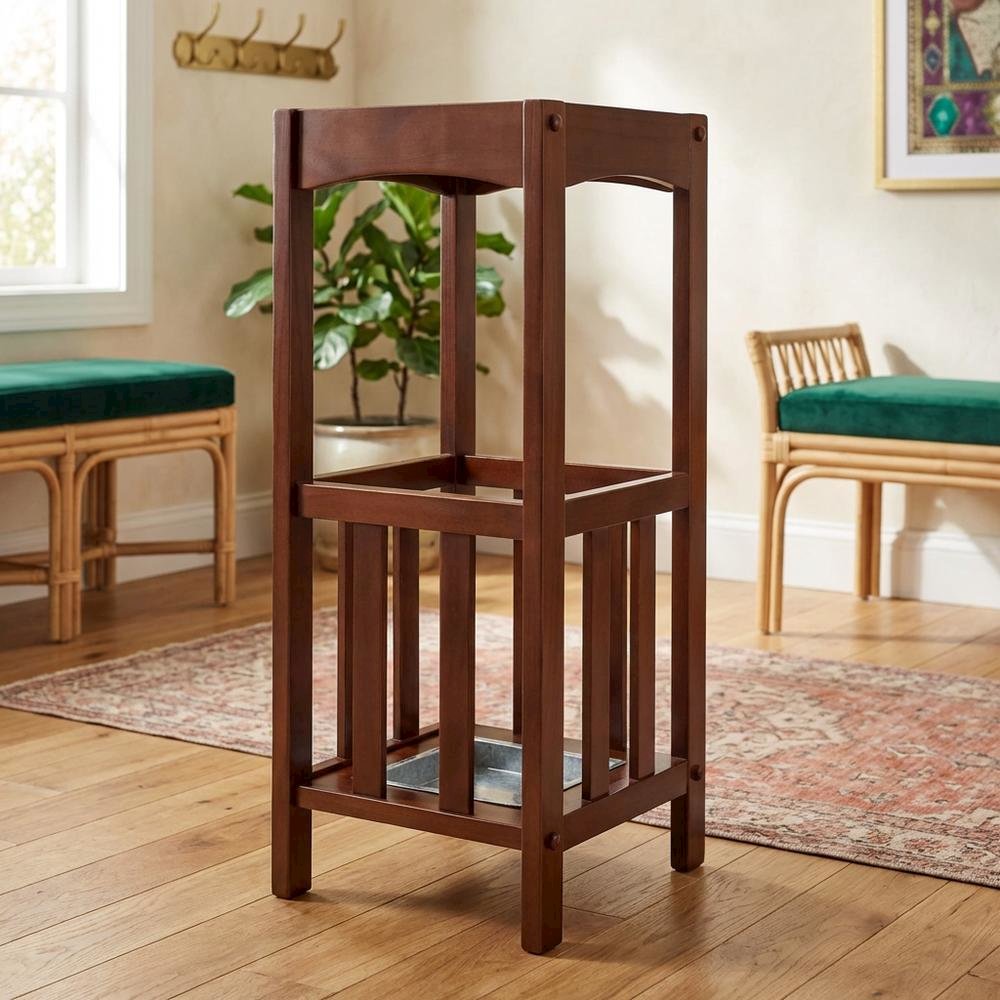 Umbrella Stand with Metal Tray, Solid Wood Accent, Walnut Finish. Picture 3