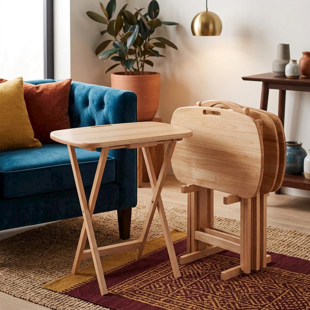 Natural Wood Finish 5-Piece Snack Table Set for Living Spaces. Picture 5