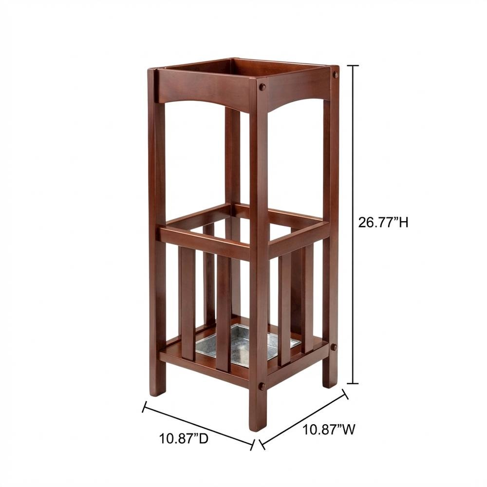 Umbrella Stand with Metal Tray, Solid Wood Accent, Walnut Finish. Picture 7