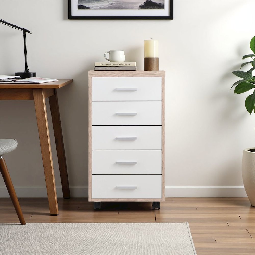 FurniFact Reclaimed Wood & White 5-Drawer File Cabinet. Picture 8