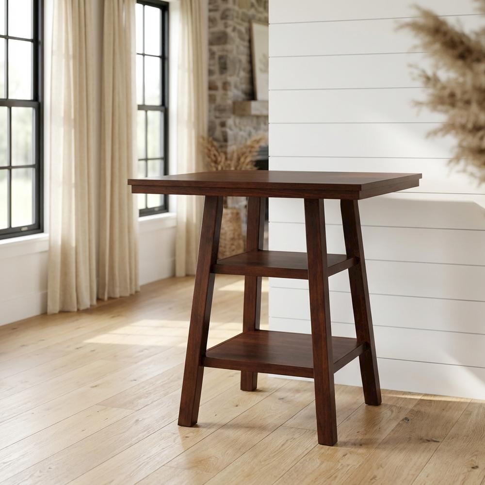 Wood High Bar Table with 2 Shelves, Transitional Pub Table for Dining Room,Brown. Picture 2