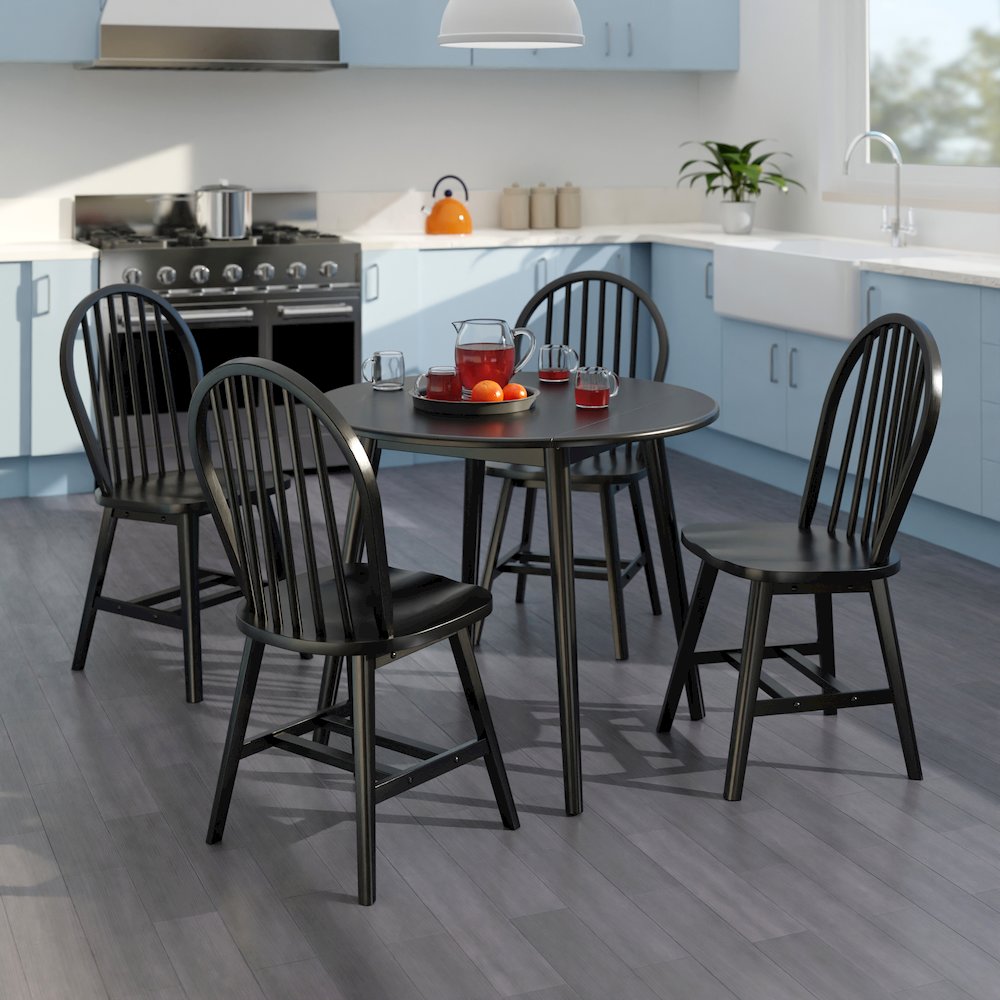 Moreno 5-Pc Drop Leaf Dining Table with Windsor Chairs, Black. Picture 4