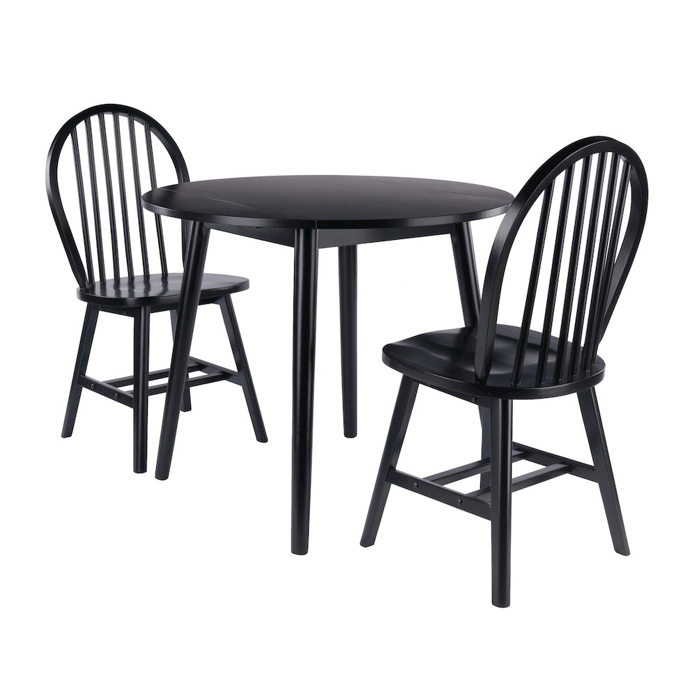 Moreno 3-Pc Drop Leaf Dining Table with Windsor Chairs, Black. Picture 1