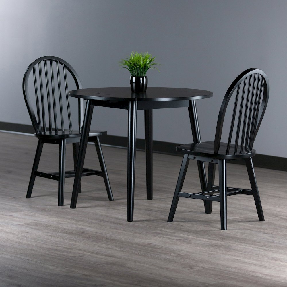 Moreno 3-Pc Drop Leaf Dining Table with Windsor Chairs, Black. Picture 2