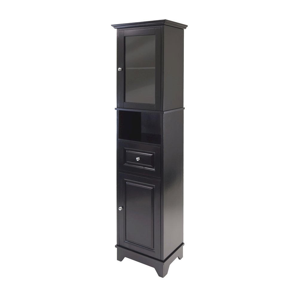 Black Tall Bathroom Storage Cabinet with Glass Door & Drawer. Picture 1