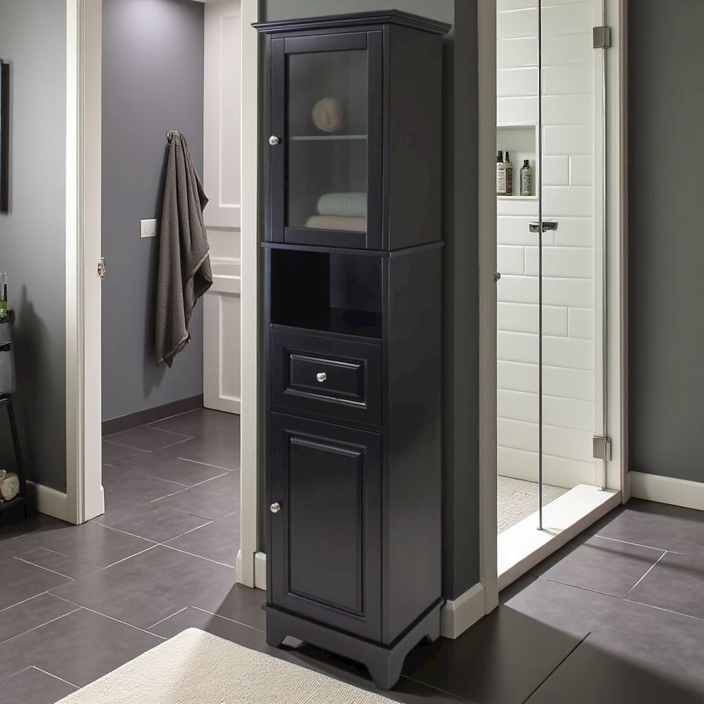 Black Tall Bathroom Storage Cabinet with Glass Door & Drawer. Picture 3