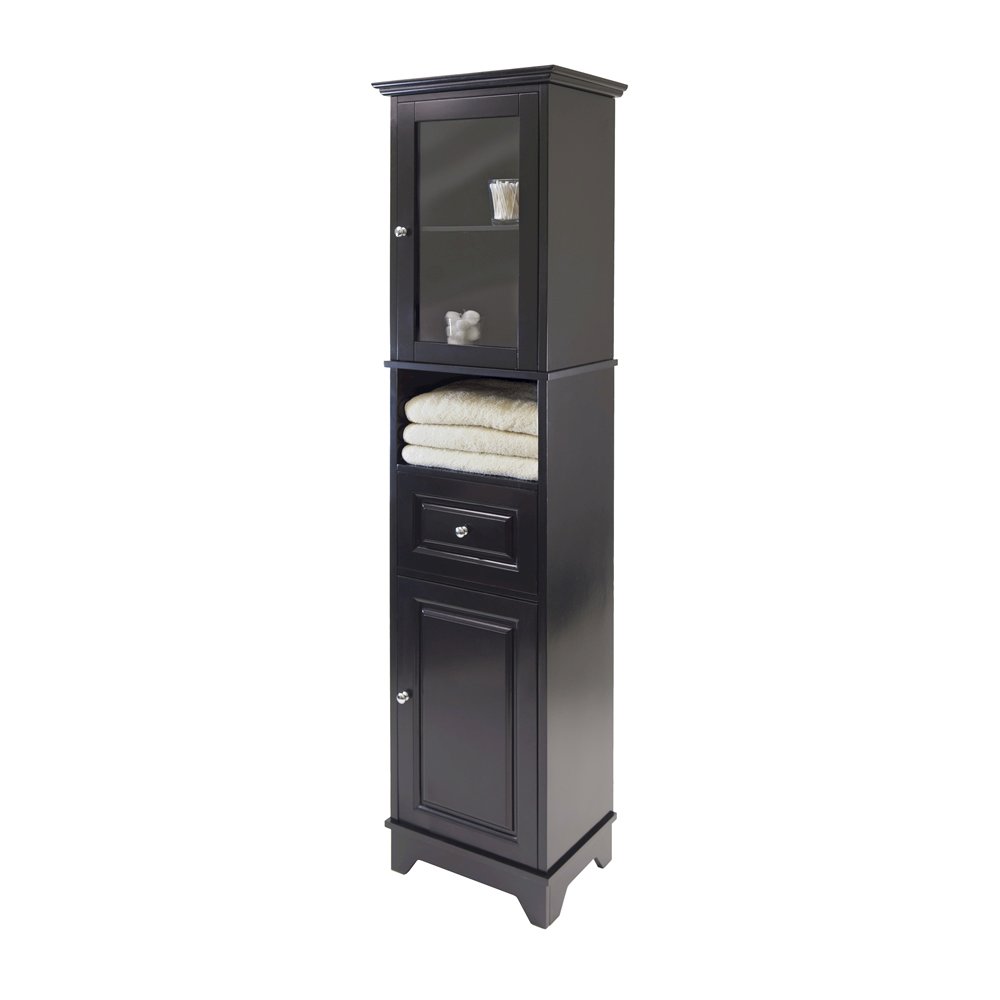 Black Tall Bathroom Storage Cabinet with Glass Door & Drawer. Picture 2