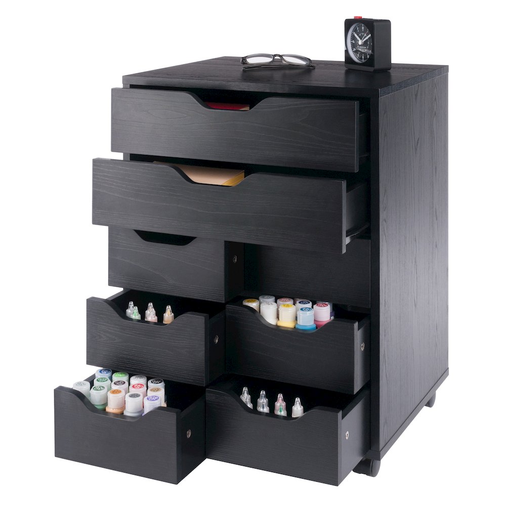 Norfolk 6 Bins, 2 Drawer Mobile Cabinet, Black Finish. Picture 9