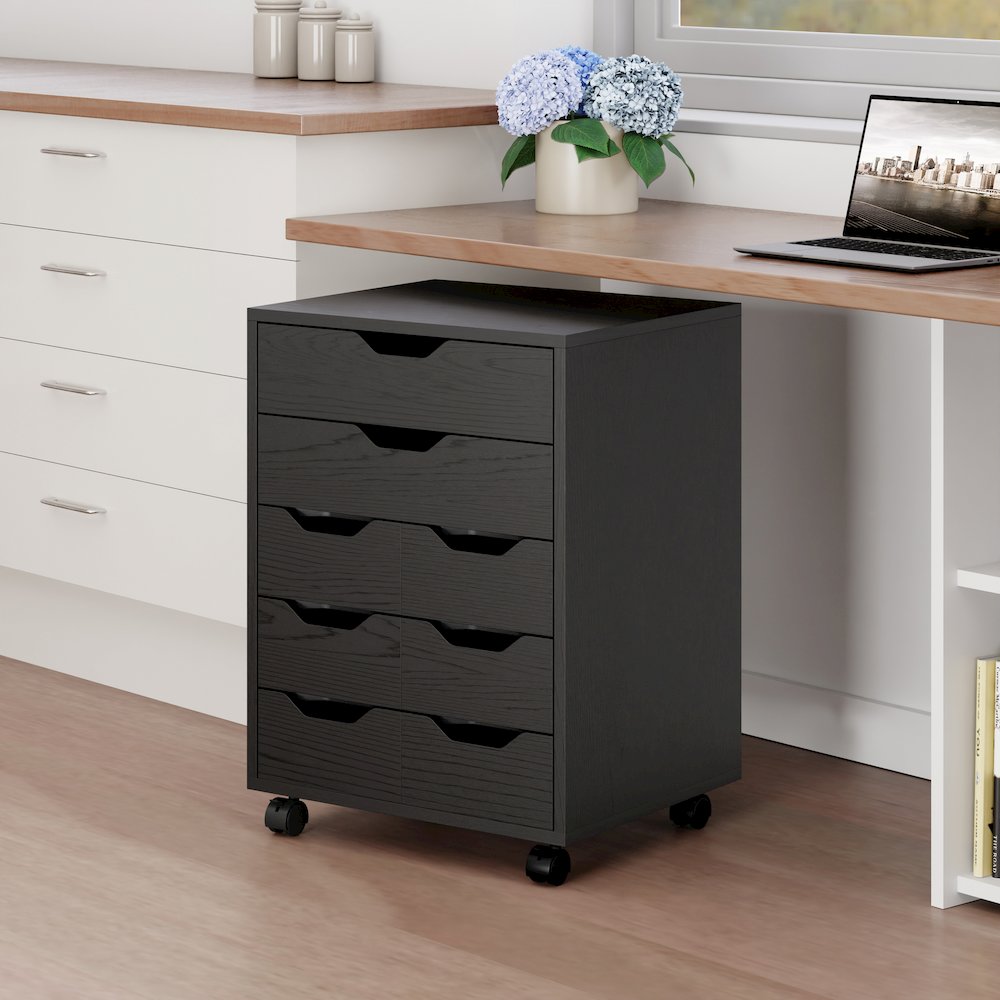 Norfolk 6 Bins, 2 Drawer Mobile Cabinet, Black Finish. Picture 13