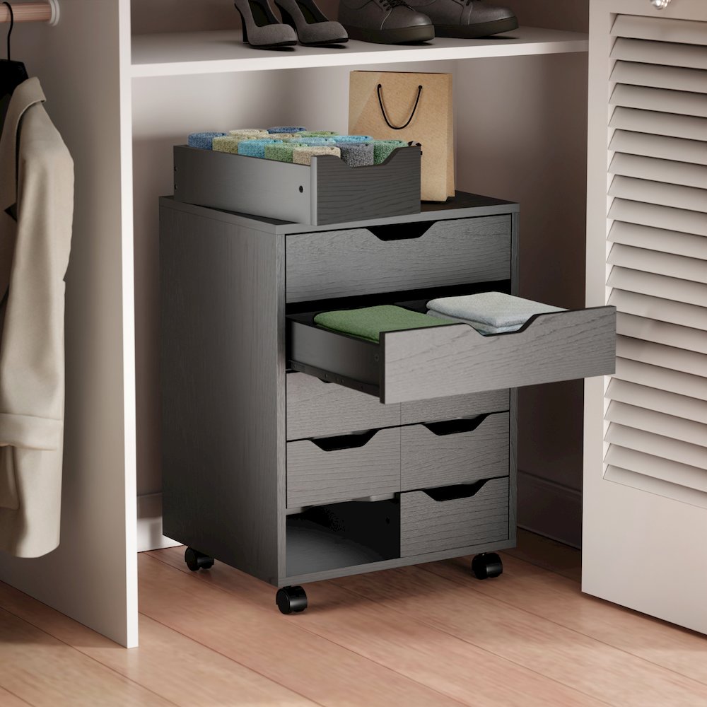 Norfolk 6 Bins, 2 Drawer Mobile Cabinet, Black Finish. Picture 14