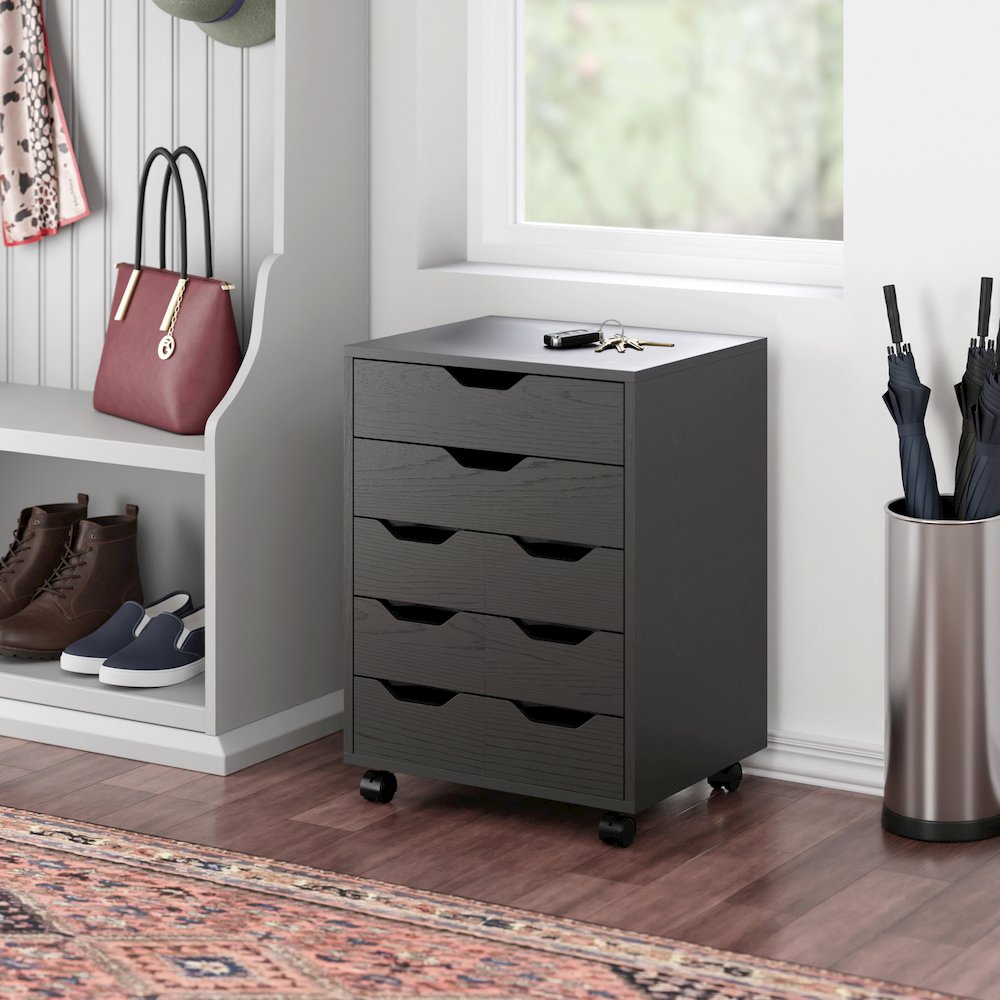 Norfolk 6 Bins, 2 Drawer Mobile Cabinet, Black Finish. Picture 15