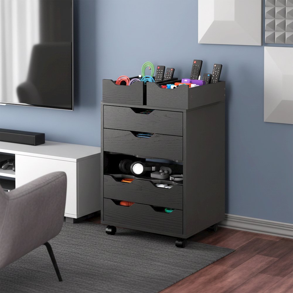 Norfolk 6 Bins, 2 Drawer Mobile Cabinet, Black Finish. Picture 16