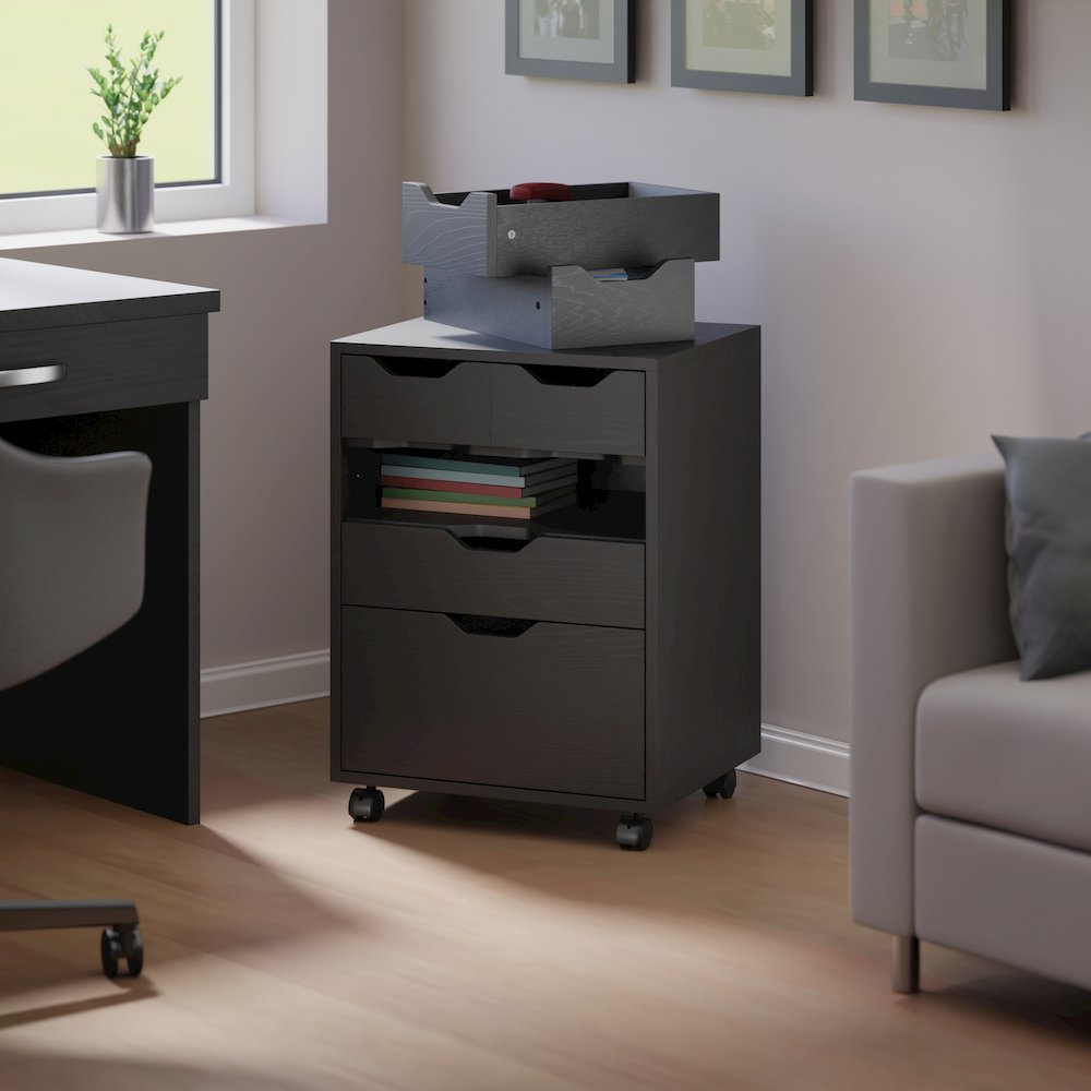 Norfolk 4 Bins, 2 Drawer Mobile Cabinet, Black Finish. Picture 14