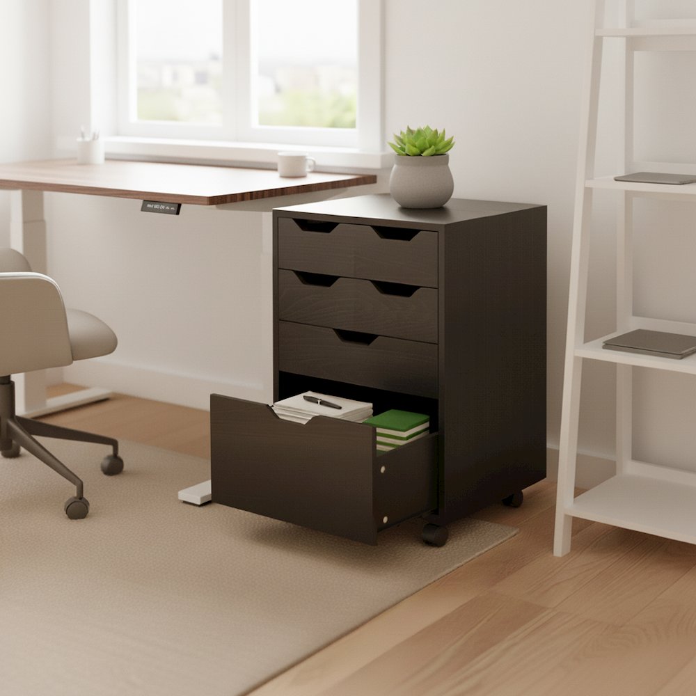 Norfolk 4 Bins, 2 Drawer Mobile Cabinet, Black Finish. Picture 15