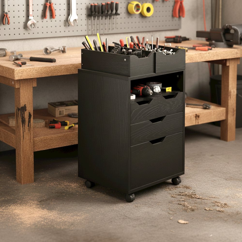 Norfolk 4 Bins, 2 Drawer Mobile Cabinet, Black Finish. Picture 17