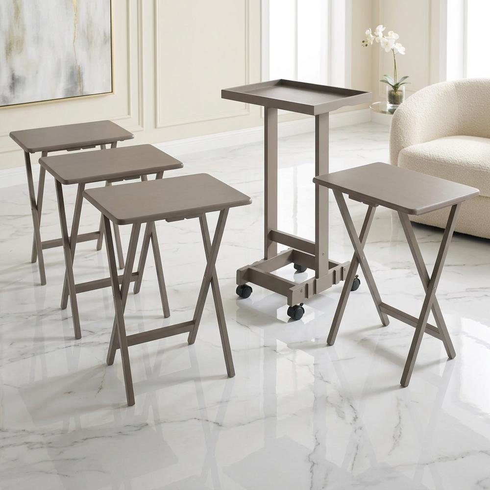 Oyster Gray 5-Piece Snack Table Set with Removable Serving Tray. Picture 2