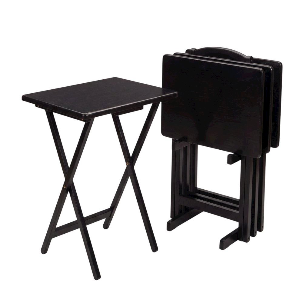 Solid Wood TV Trays Set Of 4 With Storage Rack in Black Finish. Picture 1