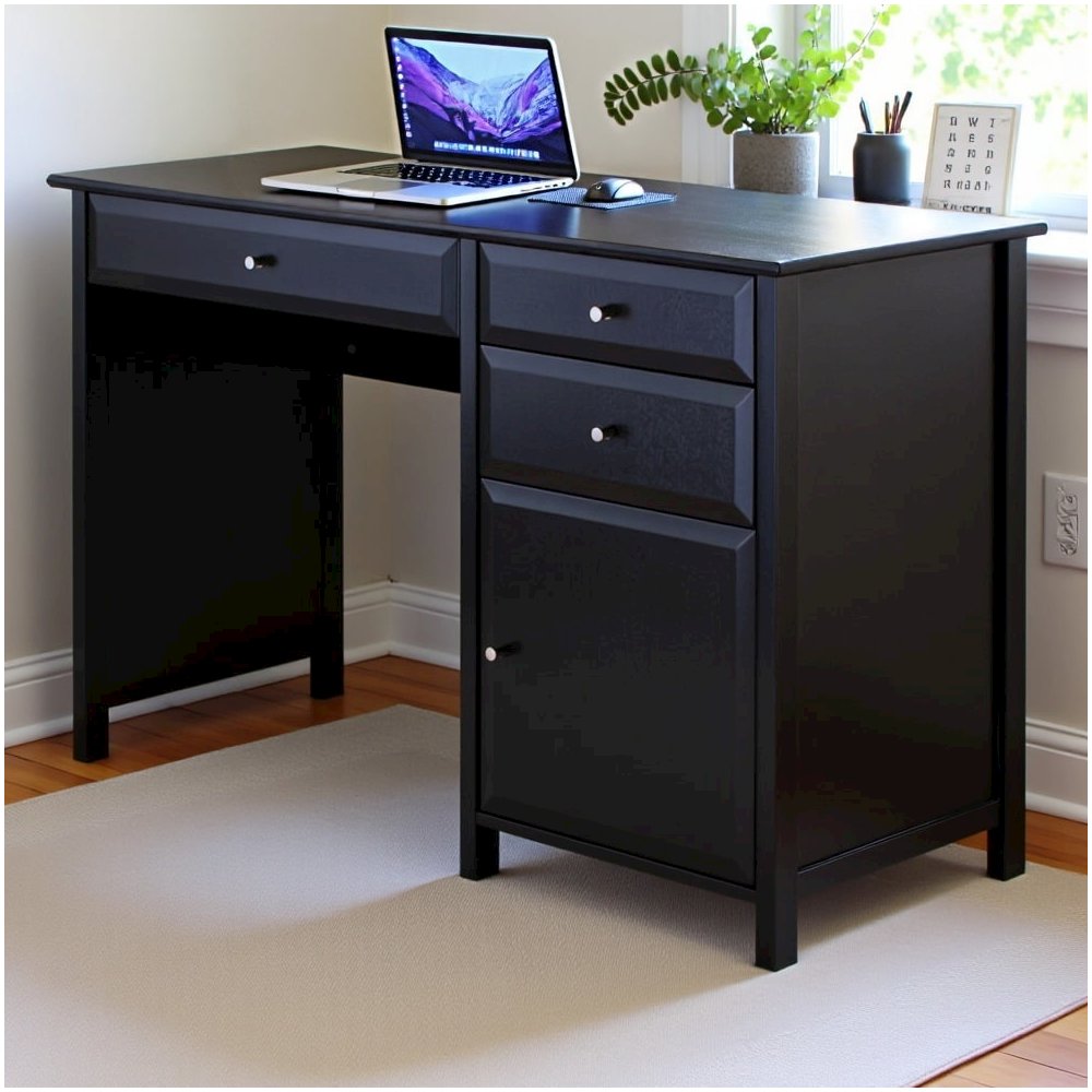 Black Office Desk – Compact Wooden Desk with Drawers for Workspaces. Picture 3