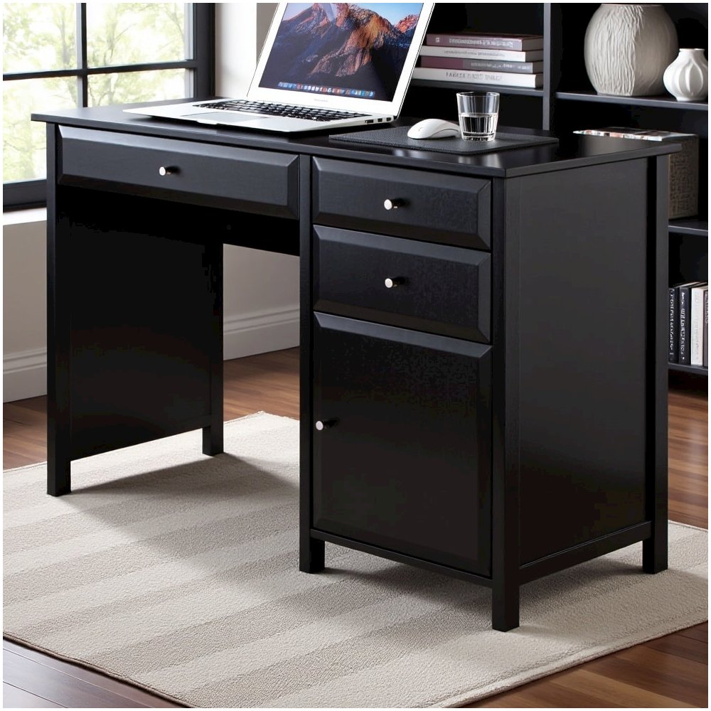 Black Office Desk – Compact Wooden Desk with Drawers for Workspaces. Picture 4