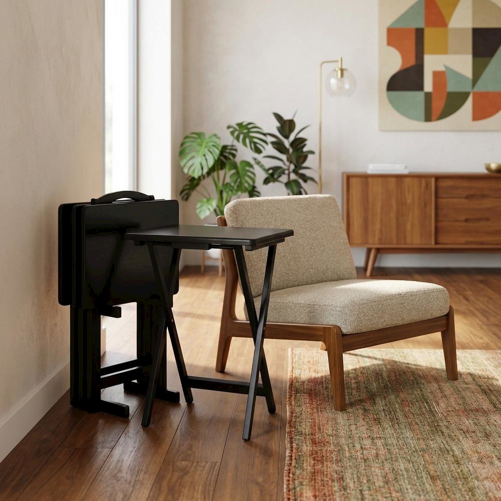 Solid Wood TV Trays Set Of 4 With Storage Rack in Black Finish. Picture 2