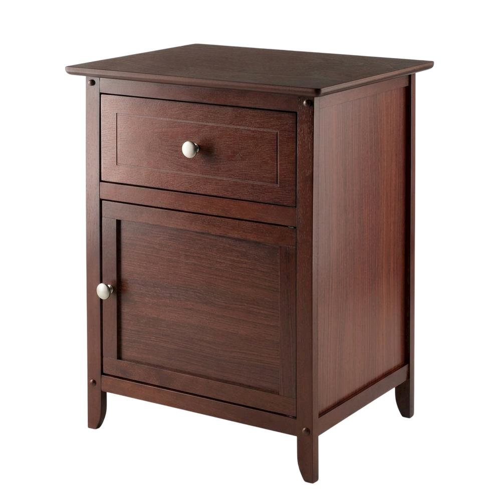 Farmhouse End Table With Storage in Walnut Finish, Wooden Side Table And Drawer. Picture 1