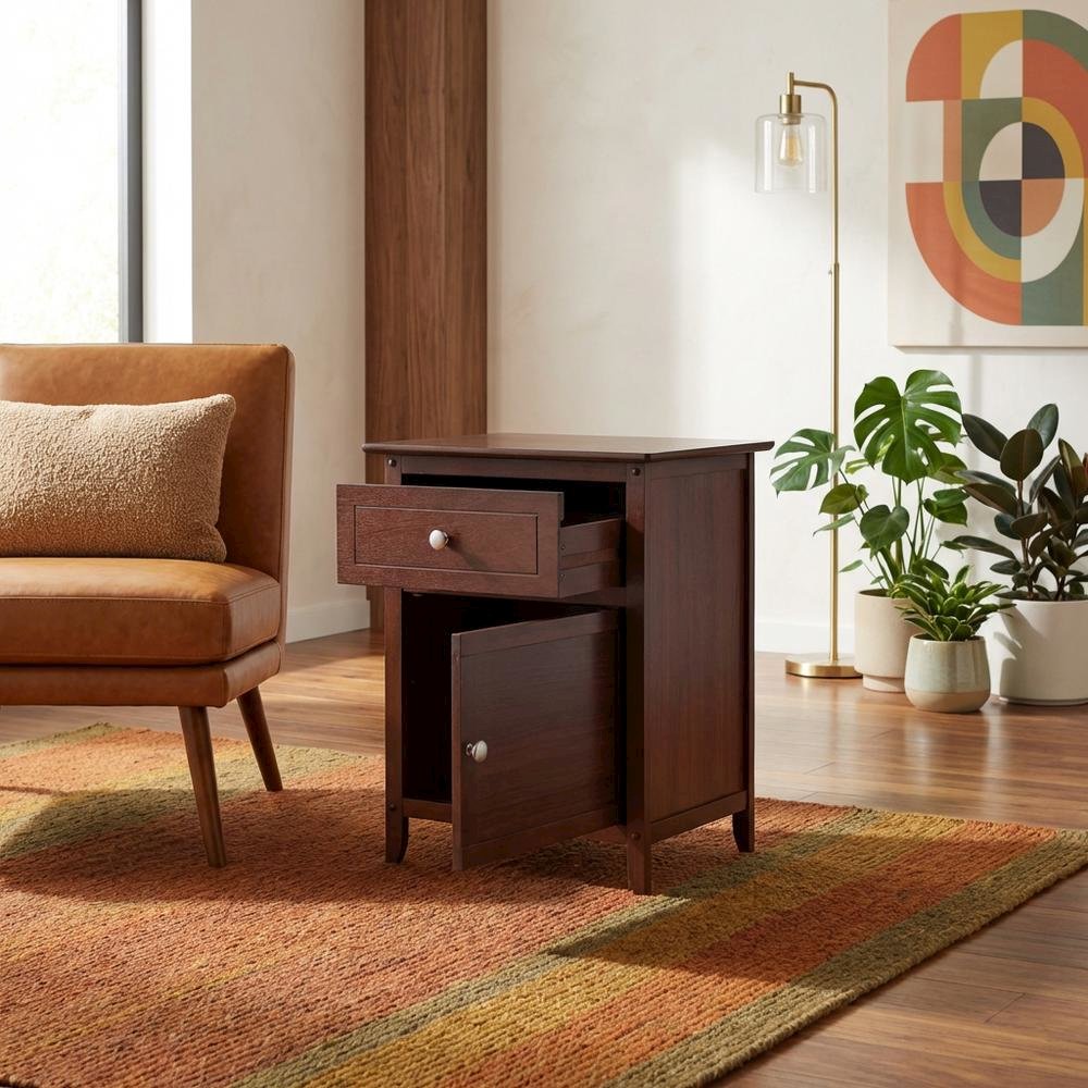 Farmhouse End Table With Storage in Walnut Finish, Wooden Side Table And Drawer. Picture 2