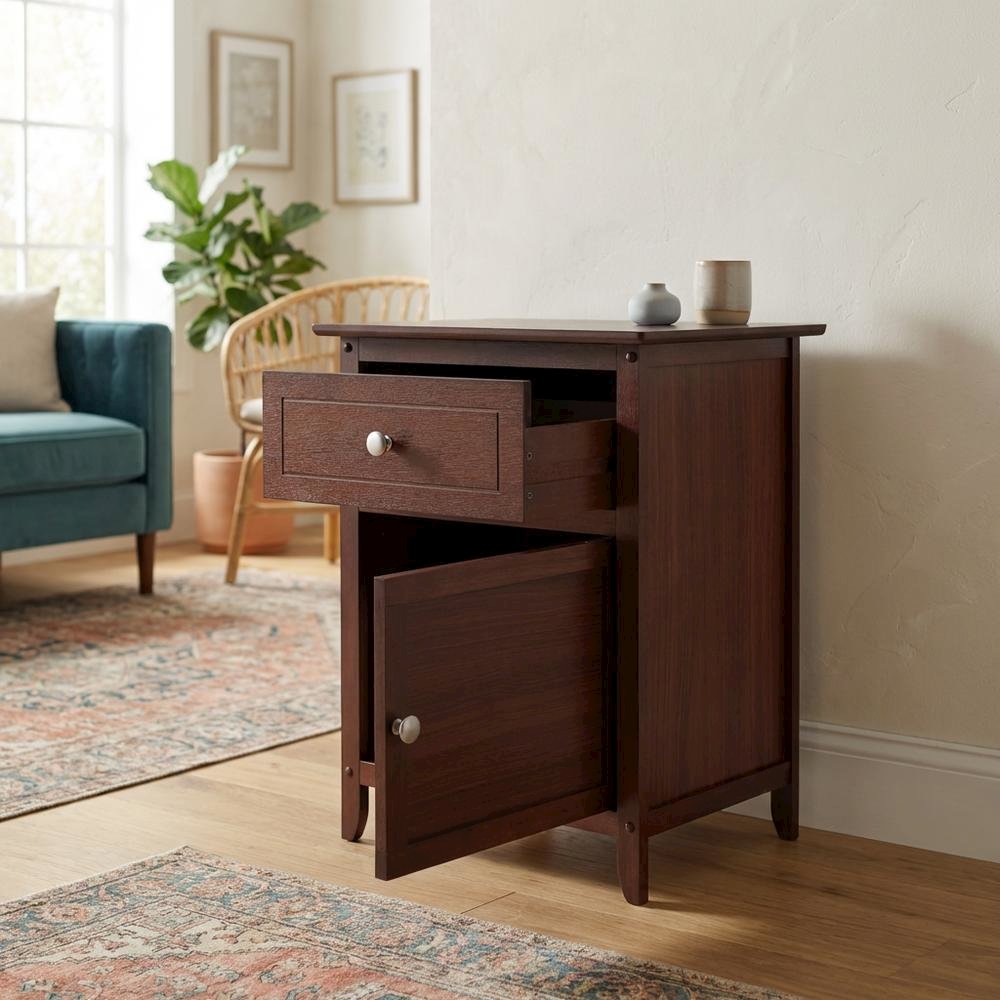 Farmhouse End Table With Storage in Walnut Finish, Wooden Side Table And Drawer. Picture 3