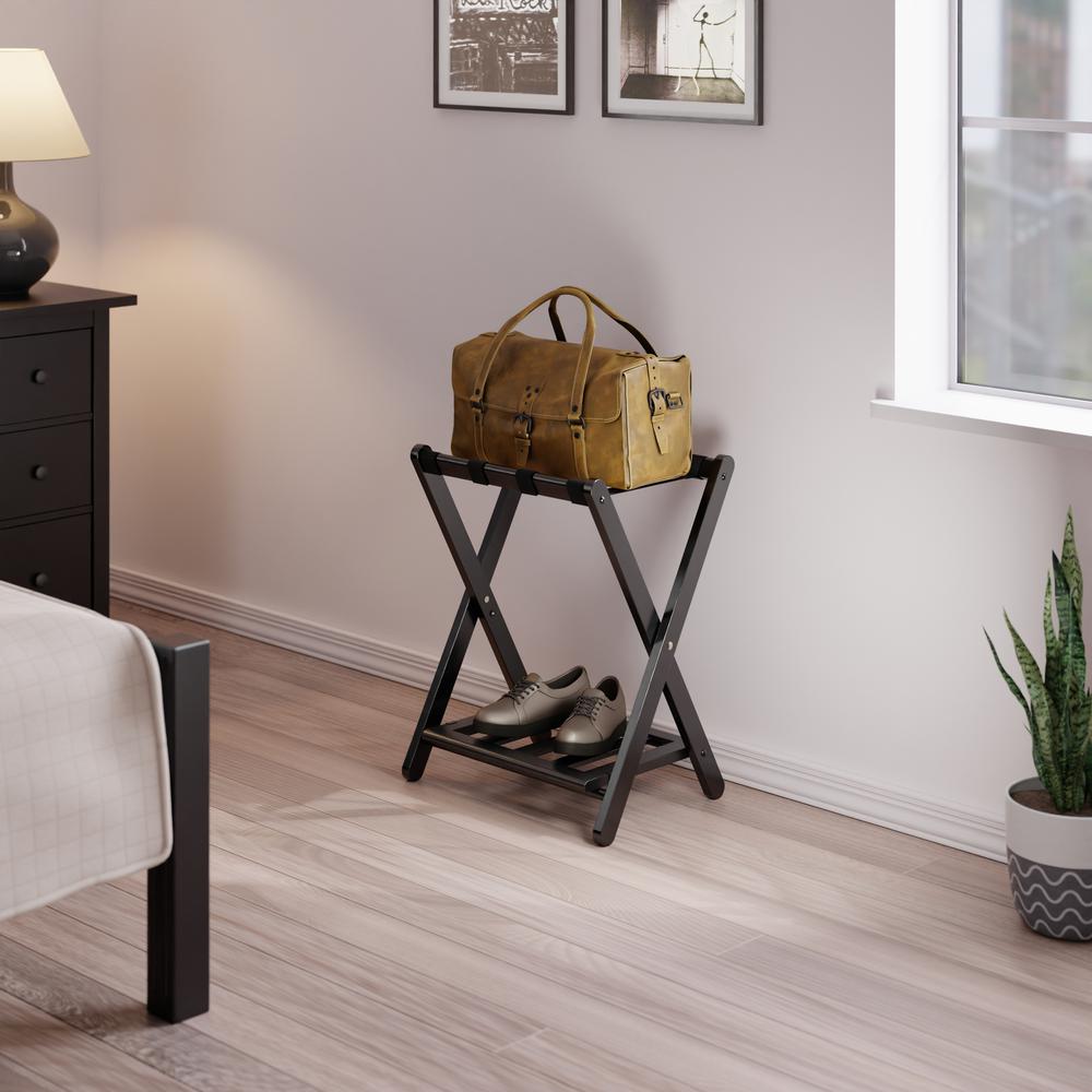 Raya Luggage Rack with Shelf, Black. Picture 15