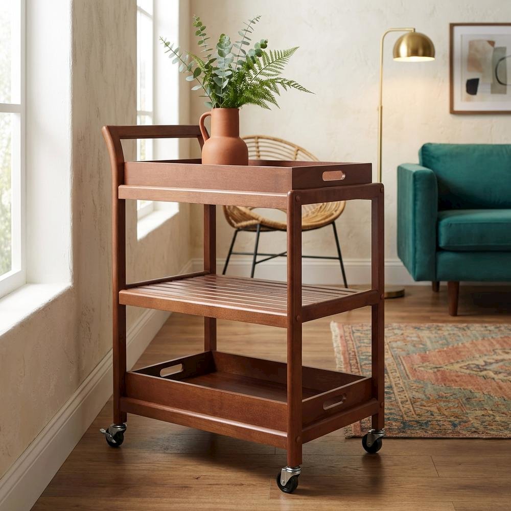 Solid Wood Kitchen Cart With Serving Trays, Vintage Bar Cart On Wheels. Picture 3