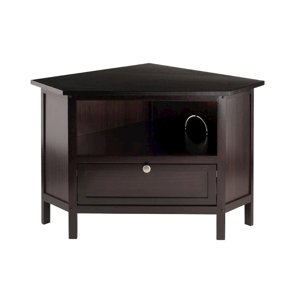 Solid Wood Corner TV Stand With Storage Flip Down Door And Open Shelf. Picture 4