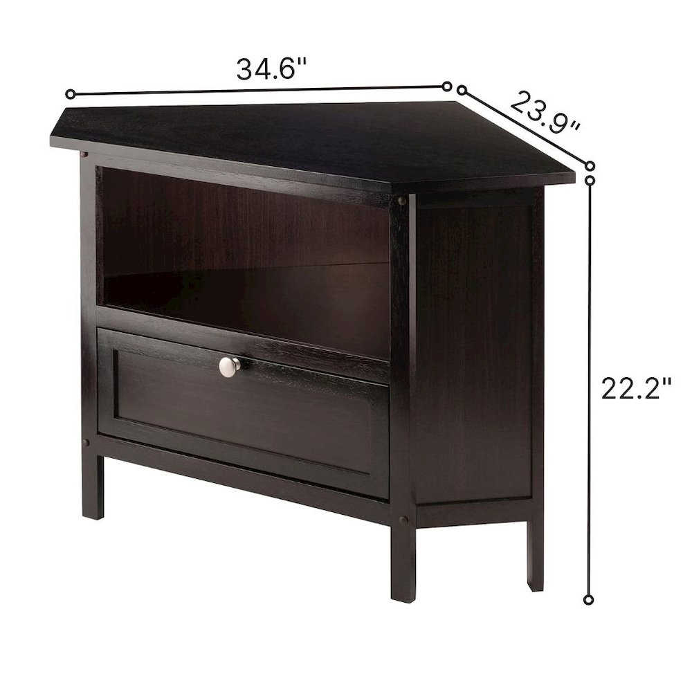 Solid Wood Corner TV Stand With Storage Flip Down Door And Open Shelf. Picture 6