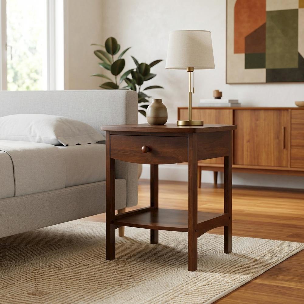 Mid Century Nightstand In Solid Wood Antique Walnut Finish With Drawer And Shelf. Picture 2