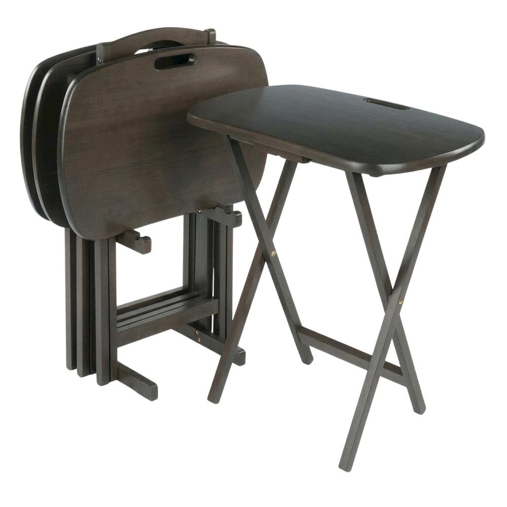 5-PC Folding Tray Table Set, Oyster Gray Solid Wood, Easy Carry. Picture 1