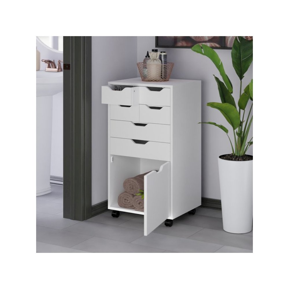Halifax Bins & Drawers Multi-Storage Tall Mobile Cabinet, White. Picture 5