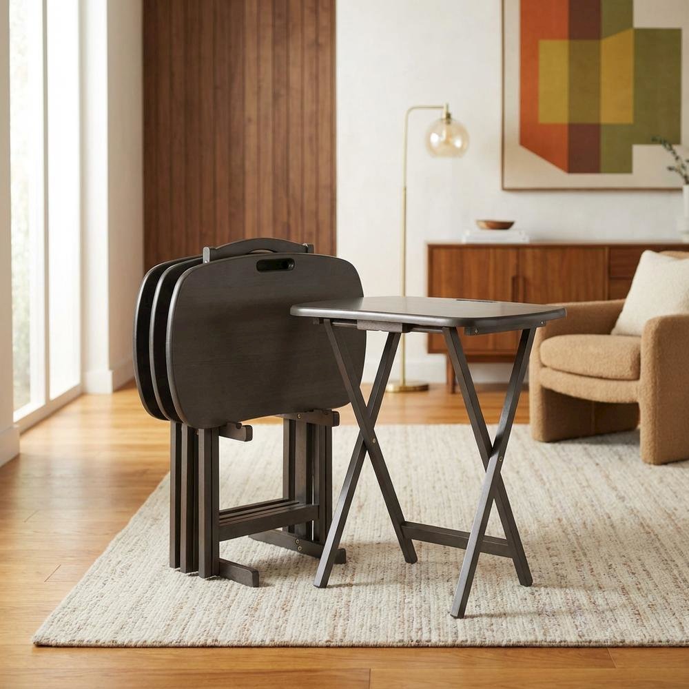 5-PC Folding Tray Table Set, Oyster Gray Solid Wood, Easy Carry. Picture 2
