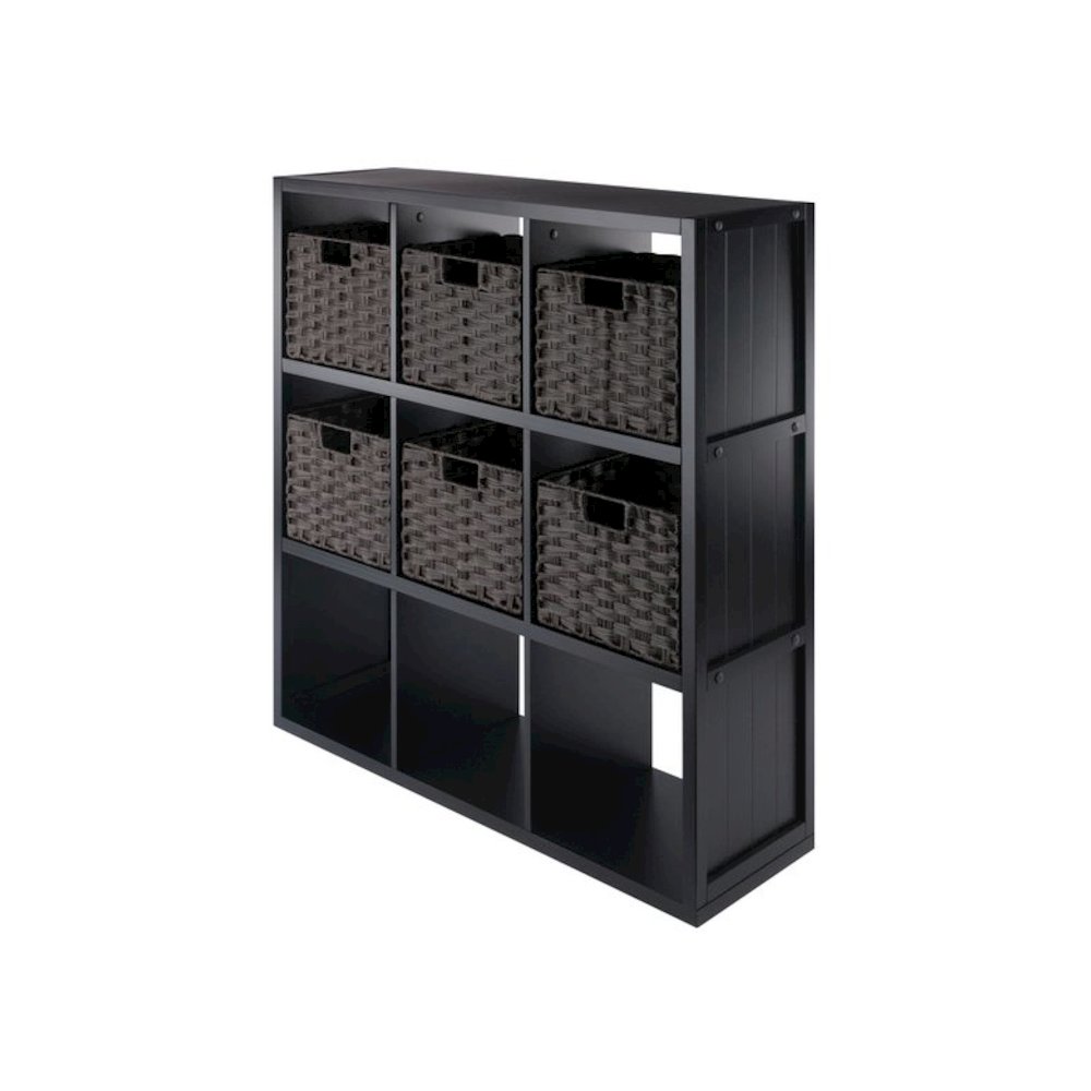 7-Pc 3x3 Storage Shelf with 6 Foldable Woven Baskets, Black and Chocolate. Picture 1