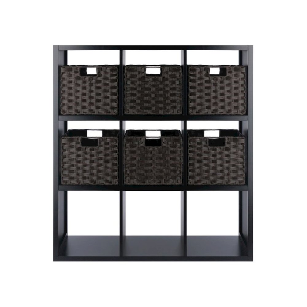 7-Pc 3x3 Storage Shelf with 6 Foldable Woven Baskets, Black and Chocolate. Picture 2
